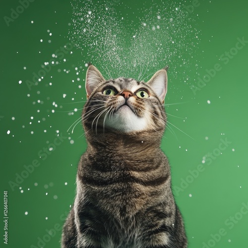 Playful Cat Curiously Gazing Upward Amidst Shower of Sparks