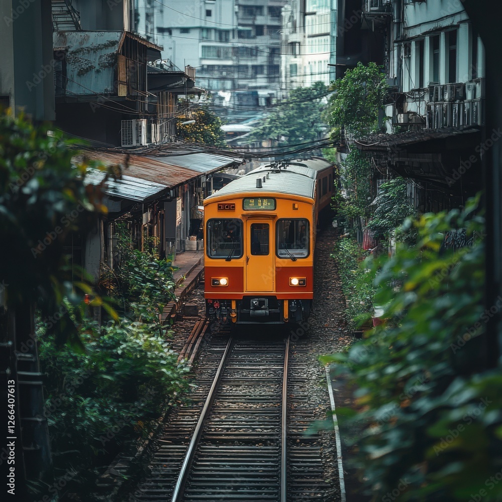 Fototapeta premium A vibrant orange train navigates through a narrow urban alley adorned with greenery and towering buildings, highlighting a unique blend of nature and city life.