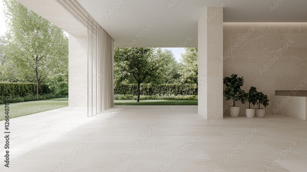 Fototapeta premium Modern patio with garden view, contemporary design, relaxing ambiance, interior