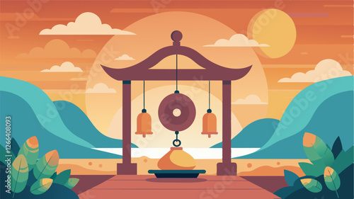 Wake up to the sound of gentle gongs and bells signaling the start of your day of workation at the peaceful yoga retreat.. Vector illustration