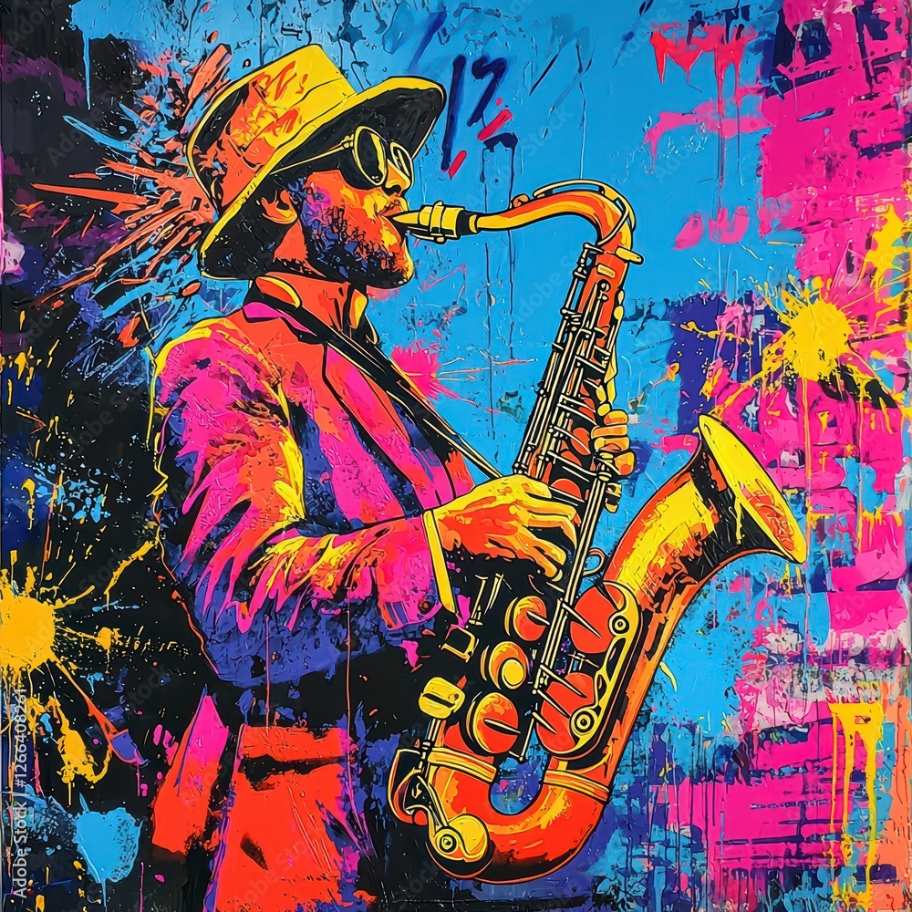 Saxophone Serenade: An artistic representation of a jazz musician, immersed in the soulful act of playing his saxophone, creating a vibrant symphony of colors and music. Saxophone Serenade: An artistic representation of a jazz musician, immersed in the soulful act of playing his saxophone, creating a vibrant symphony of colors and music.