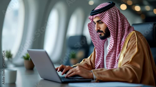 Arab businessman working on laptop in modern office