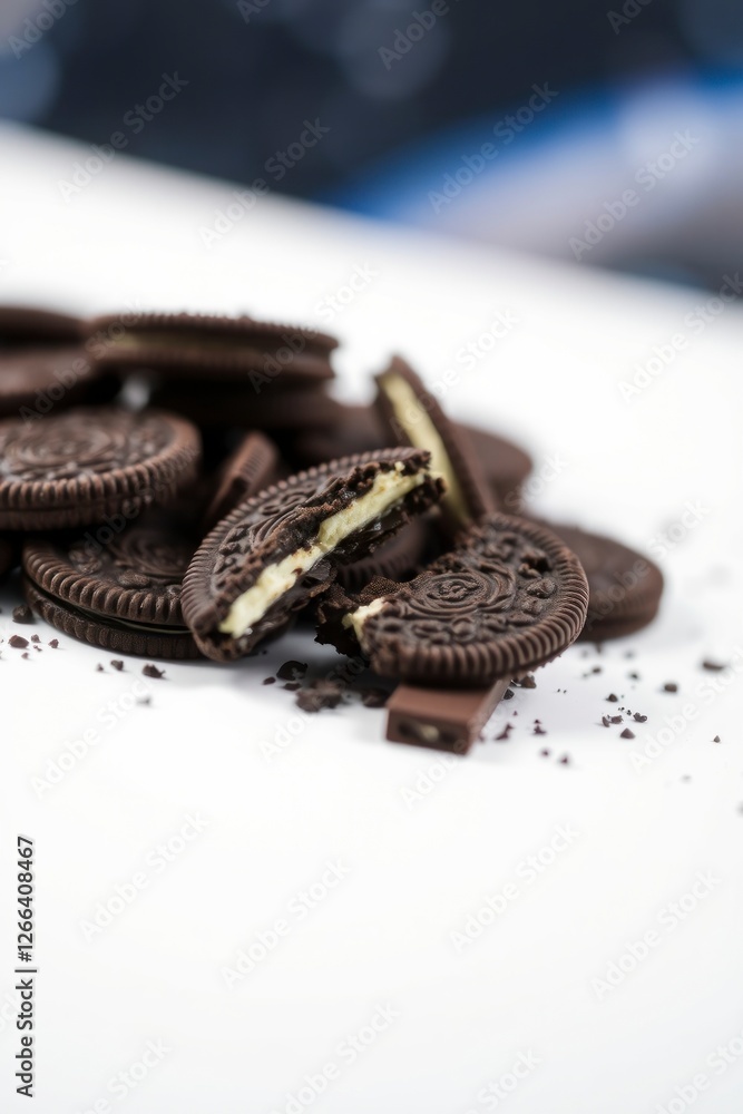 Naklejka premium Delicious Chocolate Sandwich Cookies Crumbled on White Background