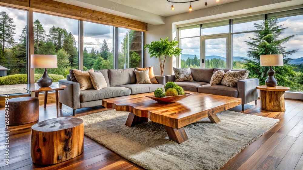 Fototapeta premium Stunning panoramic live-edge coffee table and accent table set a contemporary tone in your living room.