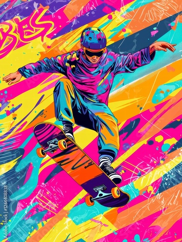 Dynamic Skateboarder in Action: A vibrant illustration of a skateboarder executing a thrilling trick, set against a backdrop of energetic graffiti and neon hues. photo