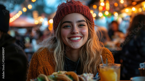 Friends talking and laughing at a bustling food truck park, sharing tacos and good vibes