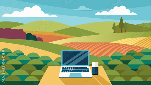 With the backdrop of rolling hills and gvines a laptop stands out as the only modern touch on this traditional vineyard terrace.. Vector illustration