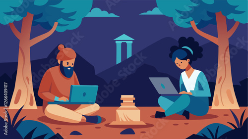 Two archaeologists sit beneath the shade of a tree armed with laptops and research materials as they uncover the history of a mysterious ancient ruin.. Vector illustration