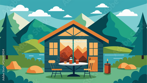 With a kitchenette and dining table the cabin offers the convenience of enjoying homemade meals while taking in the picturesque views.. Vector illustration