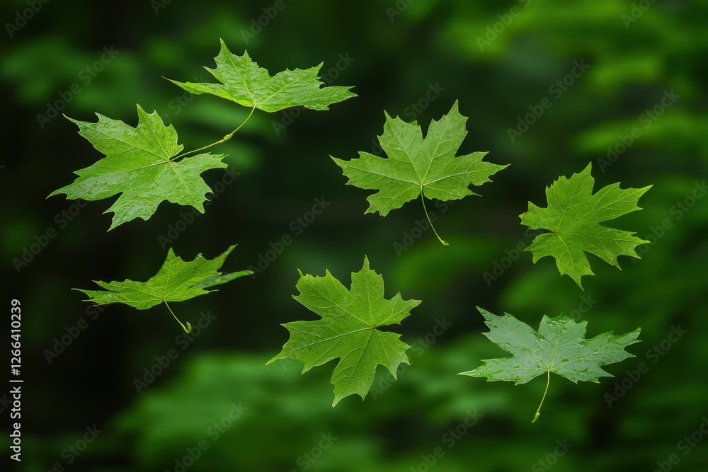 Six vibrant green maple leaves float. Perfect for nature, spring, or environmental themes. Six vibrant green maple leaves float. Perfect for nature, spring, or environmental themes.