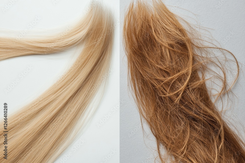 Obraz premium Comparison of healthy smooth hair compared to brittle damaged hair for hair care awareness and education. Generative AI