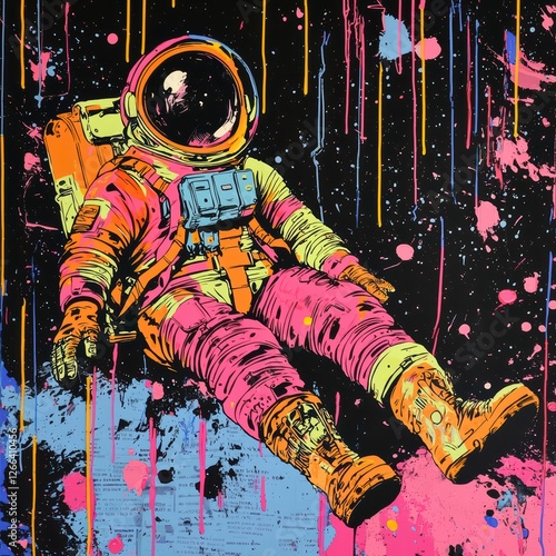 Cosmic Drifter:  A bold and vibrant illustration of an astronaut floating weightlessly in the vast expanse of space.  Cosmic dust swirls around them in a vibrant rainbow of colors. photo