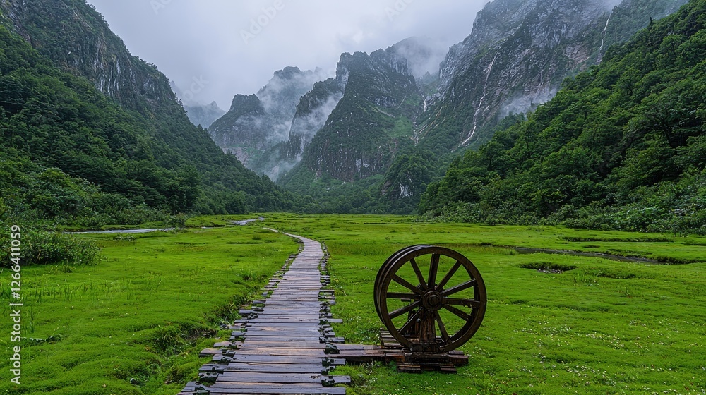 Fototapeta premium Mountain valley wooden path scenic view