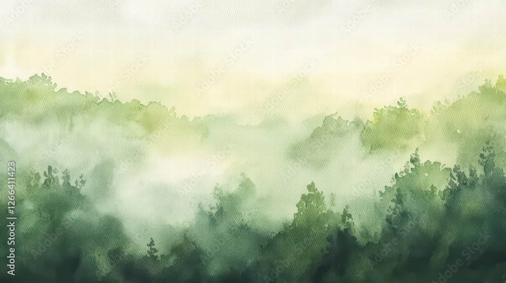 Fototapeta premium Mystical Canopy: An ethereal view of a lush, foggy forest canopy. the scene evokes tranquility and wonder. The soft mist obscures the details, creating a dreamy and atmospheric panorama.
