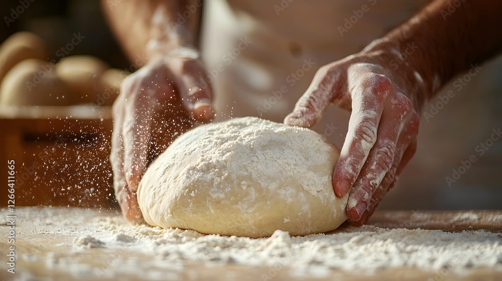 Fototapeta premium Kneading Dough for Artisan Bread Bakery Kitchen Culinary Process Warm Environment Close-Up Homemade Flavor