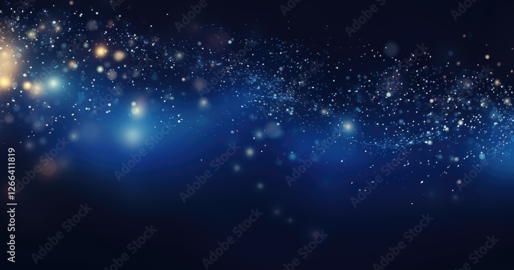 Fototapeta premium Abstract beautiful background with glowing particles and glitter on dark blue background, glittering dust or sparkles in the air