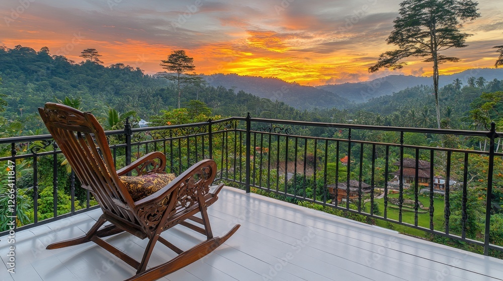 Fototapeta premium Sunset view from mountaintop balcony; relaxing rocking chair; lush greenery