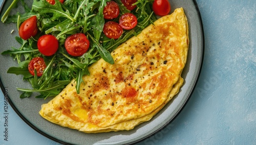 Healthy breakfast omelet with salad on plate, studio shot photo