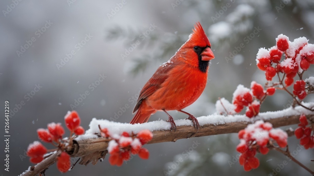 A vibrant red bird perched on a snow-covered branch with bright red berries in a winter scene. A vibrant red bird perched on a snow-covered branch with bright red berries in a winter scene.