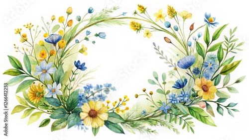 A Delicate Watercolor Wreath of Yellow and Blue Wildflowers, Perfect for Invitations, Cards, and Other Designs