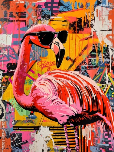 Flamingo with Sunglasses: A vibrant, artistic portrayal of a flamingo sporting sunglasses, set against a backdrop of colorful graffiti art, exuding a sense of coolness and urban flair. 