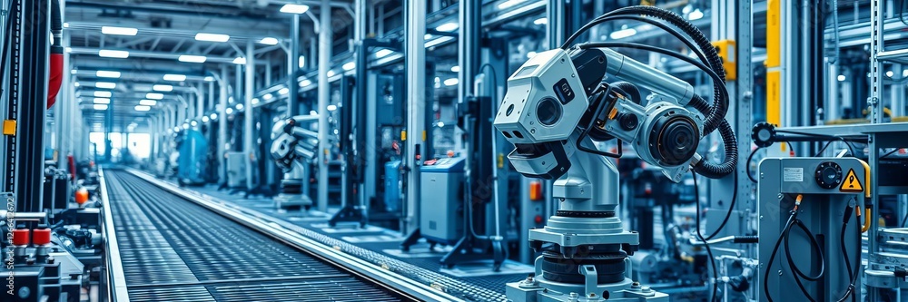 Fototapeta premium Industrial robot with transducer working on assembly line in smart factory, manufacturing, automation, sensor technology