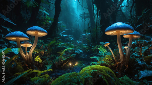 Magical rainforest with glowing mushrooms and bioluminescent plants photo