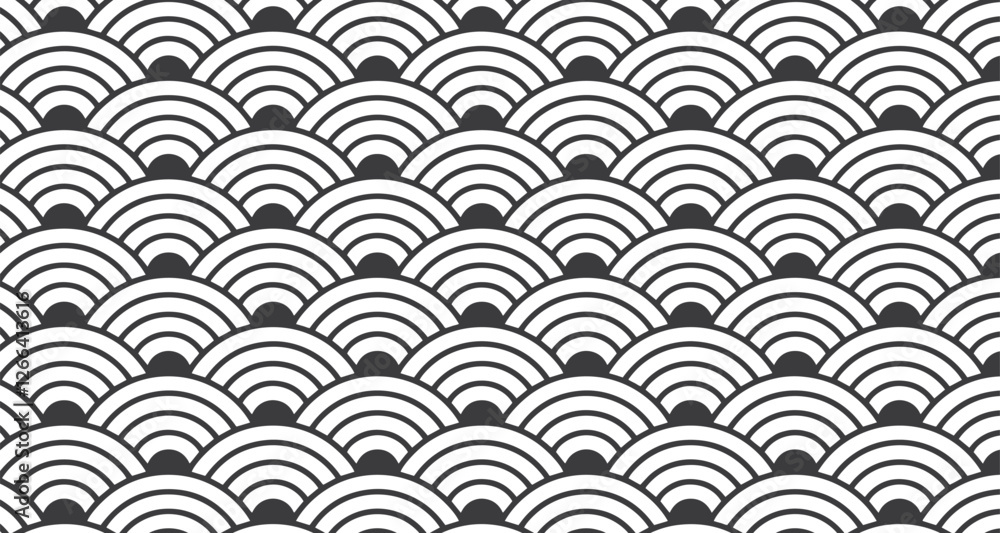 Japanese minimalist pattern, Repeating pattern of black and white semicircles. Japanese minimalist pattern, Repeating pattern of black and white semicircles.