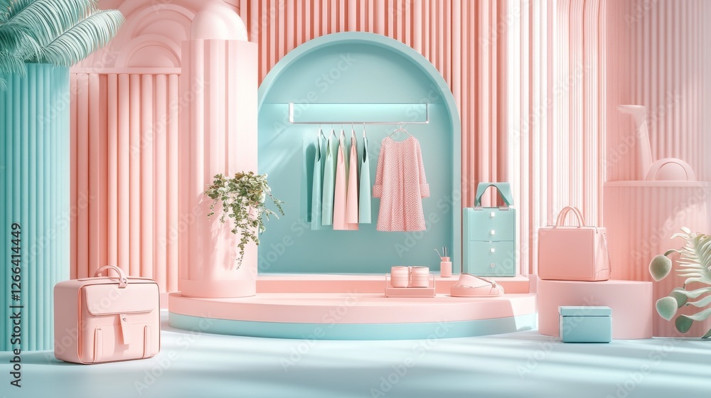 A pastel-themed interior featuring stylish clothing, decorative objects, and a harmonious blend of pink and blue colors. A pastel-themed interior featuring stylish clothing, decorative objects, and a harmonious blend of pink and blue colors.