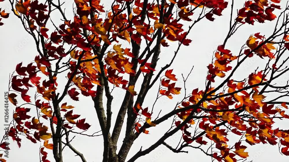 Autumn tree with vibrant red and orange leaves against a clear sky, seasonal nature and tranquility concept Autumn tree with vibrant red and orange leaves against a clear sky, seasonal nature and tranquility concept