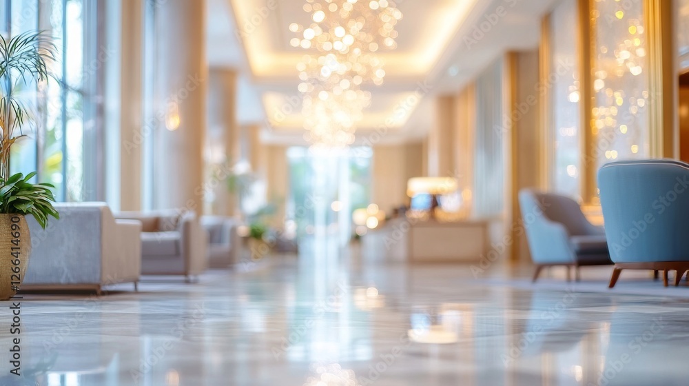 Fototapeta premium Modern luxury hotel lobby interior with abstract blur effect, showcasing elegant contemporary design, warm ambient lighting, and spacious lounge area for a sophisticated and welcoming atmosphere