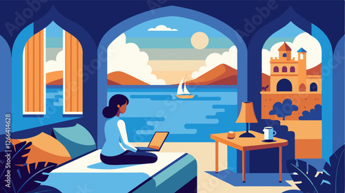 Working from a luxurious guest room in a secluded oceanside castle the perfect balance of productivity and relaxation.. Vector illustration