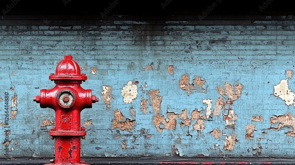 A vibrant red fire hydrant stands against a weathered blue wall with peeling paint A vibrant red fire hydrant stands against a weathered blue wall with peeling paint