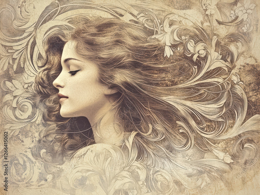 Fototapeta premium Whispers of Elegance: A delicate vintage-style portrait of a woman with flowing hair amidst an intricate floral design.