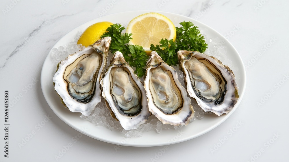 Freshly served oysters on ice with lemon slices and parsley garnishing the elegant seafood platter for gourmet dining. Freshly served oysters on ice with lemon slices and parsley garnishing the elegant seafood platter for gourmet dining.