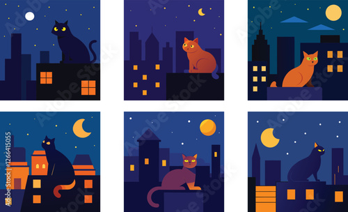 a cat lying on a rooftop watching the glowing cit