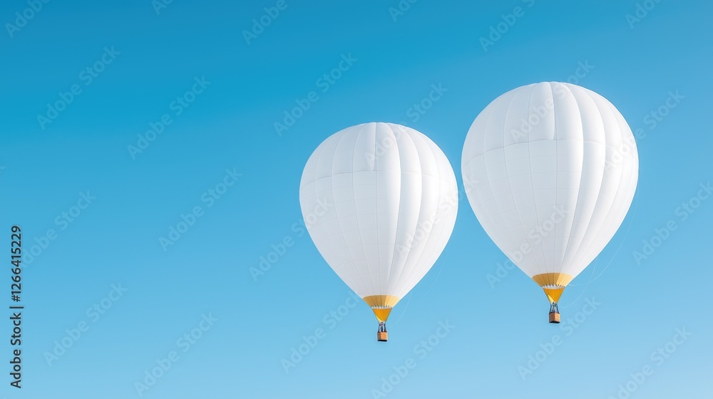 Obraz premium Two white hot air balloons floating peacefully in a clear blue sky during the daytime.