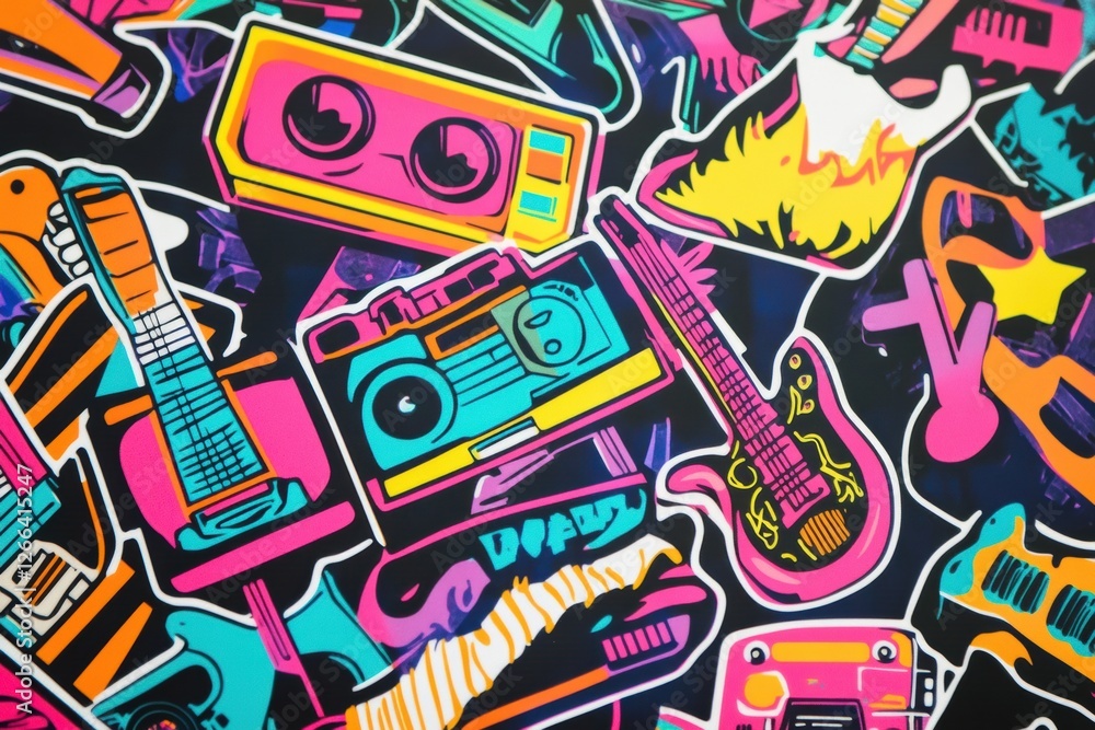 Fototapeta premium Retro sticker collection featuring roller skates, cassette tapes, electric guitars, and vibrant graffiti designs. Generative AI