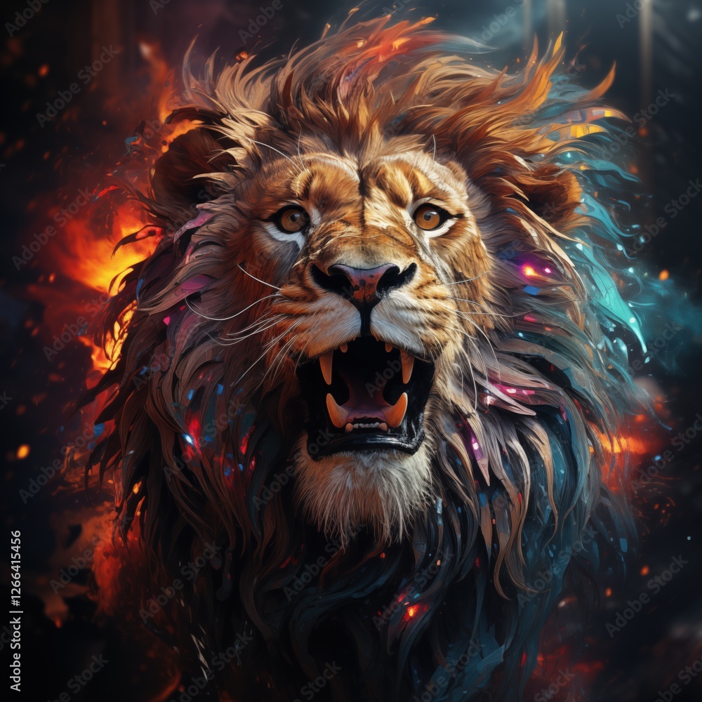 Fototapeta A fierce lion with a flowing mane, set against a vibrant, colorful background, exuding strength and majesty.