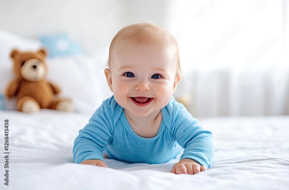 A cute baby wearing colorful , crawling on the white bed in a light blue and green style, smiling happily with eyes open wide A cute baby wearing colorful , crawling on the white bed in a light blue and green style, smiling happily with eyes open wide
