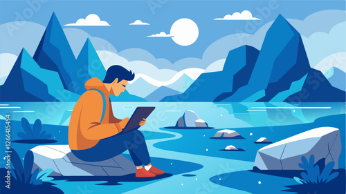 With limited internet connection the digital nomad utilizes their surroundings for inspiration spending hours sketching and journaling on the rocky shores of the glacial lake.. Vector illustration