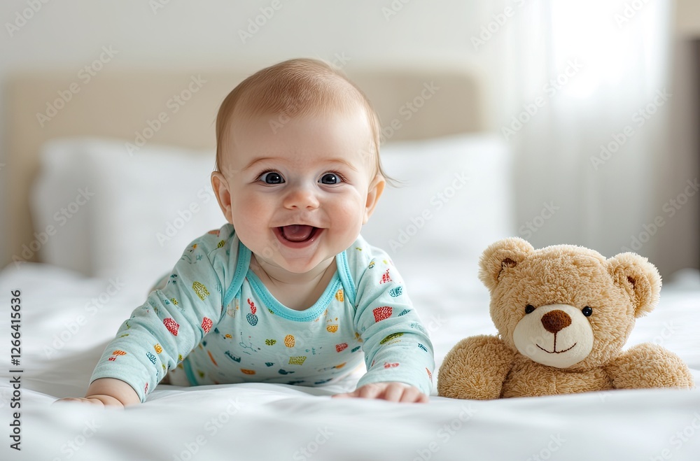 A happy baby in pastel blue, green, and red is crawling on the white bed with a teddy bear toy behind them. A happy baby in pastel blue, green, and red is crawling on the white bed with a teddy bear toy behind them.