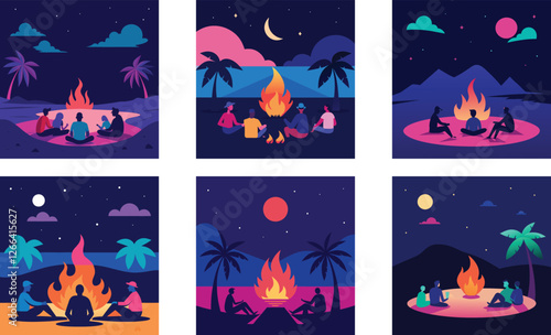 a beach bonfire with people sitting around it unde  
