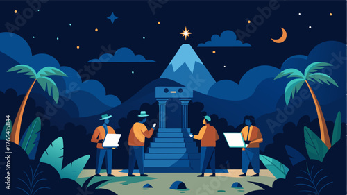 Underneath a starry night sky a team of historians work remotely to decipher ancient hieroglyphics from a temple deep in the jungle.. Vector illustration