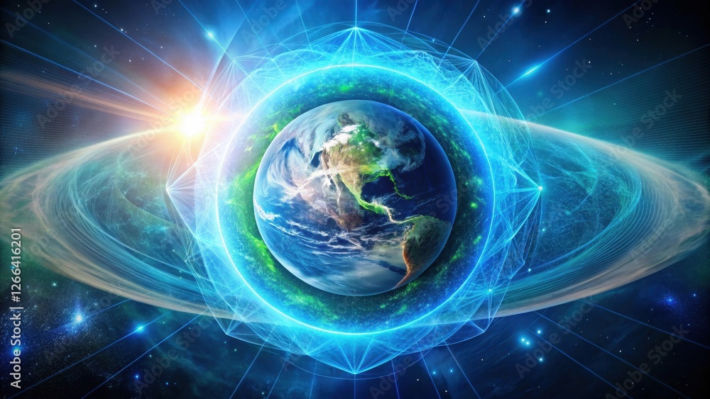 Obraz premium A Radiant Celestial Sphere Enveloping Earth, Showing Interconnectedness and Global Communication Networks