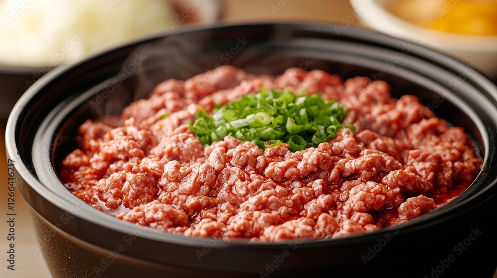 A delicious bowl of steaming minced meat topped with fresh green onions ready to be served for a hearty meal. A delicious bowl of steaming minced meat topped with fresh green onions ready to be served for a hearty meal.