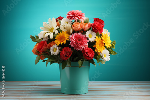 Wallpaper Mural Colorful bouquet of flowers in beautiful box wooden table. Bouquet Copy space Torontodigital.ca