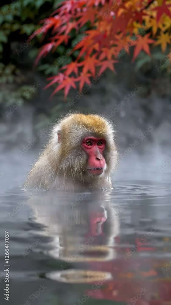 Japanese snow monkey relaxing in steaming hot spring with autumn foliage reflections Japanese snow monkey relaxing in steaming hot spring with autumn foliage reflections