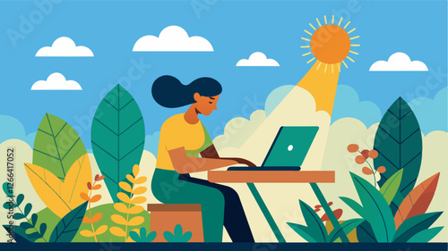 With the sun shining down on their makeshift office the freelancer diligently tends to their rooftop garden in between scribbling ideas and typing away on their keyboard.. Vector illustration