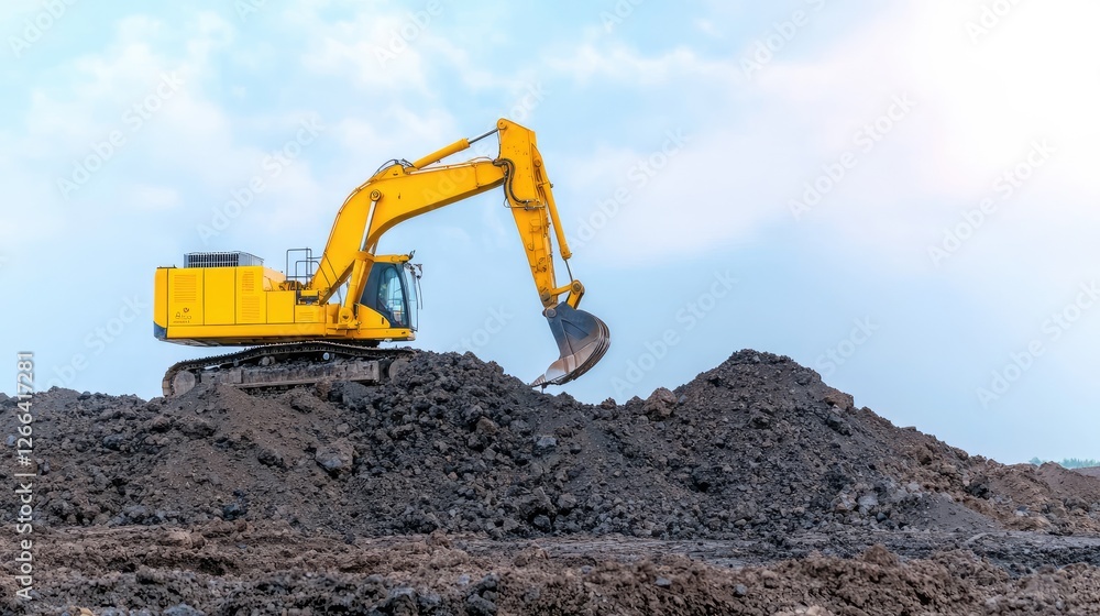 Yellow excavator digging in a pile of dark earth Yellow excavator digging in a pile of dark earth
